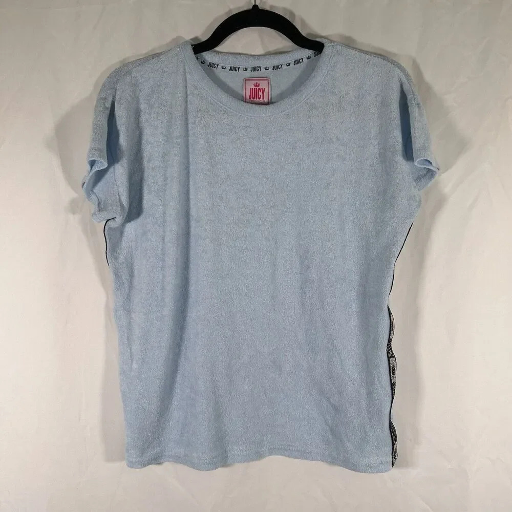 Juicy Couture Blouse Women's Medium Blue Short Sleeve Crew Neck Terry Cloth